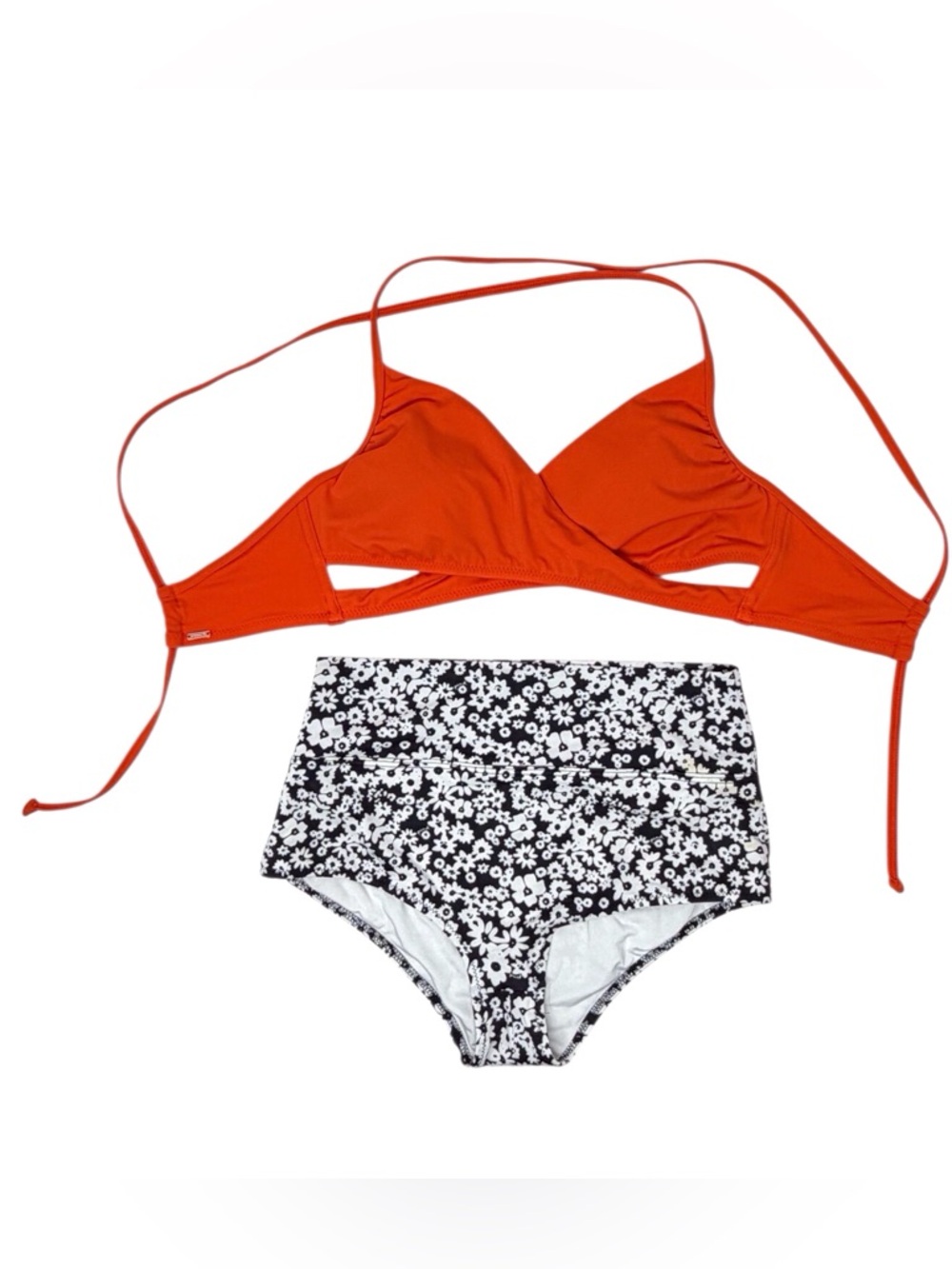 Victoria’s Secret PINK swim suit orange faux wrap top w/ black/white bottom sz S